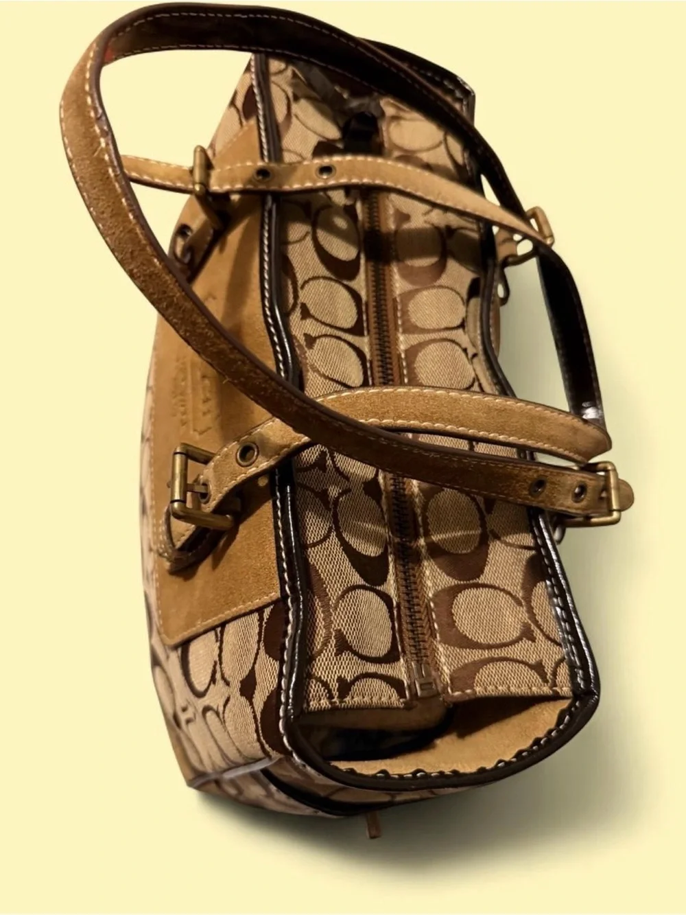 Coach Tan and Brown Signature Canvas Tote with Suede Trim